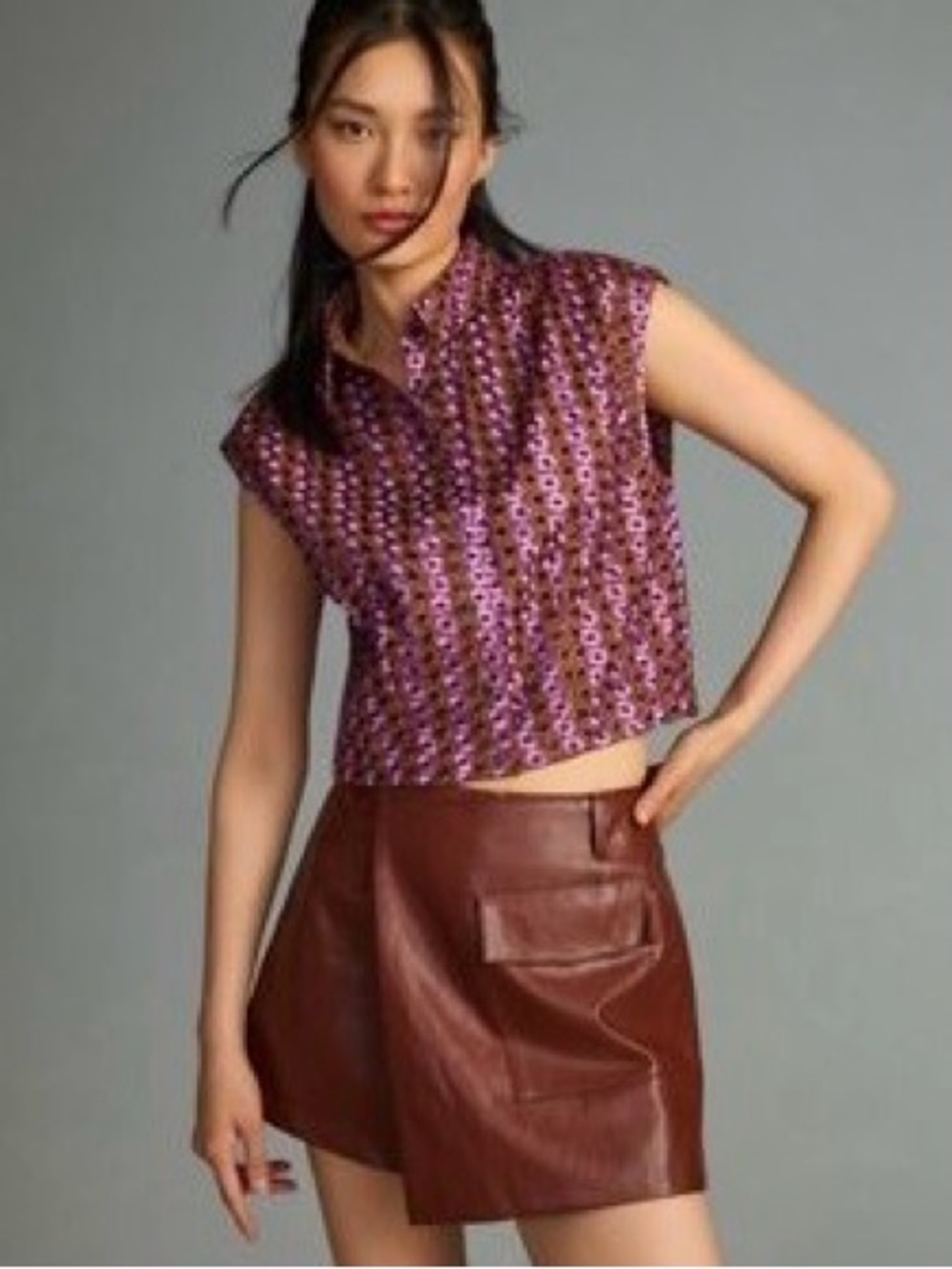 Maeve/Anthropologie Brown Embroidered Cap-Sleeve Crop Top XS